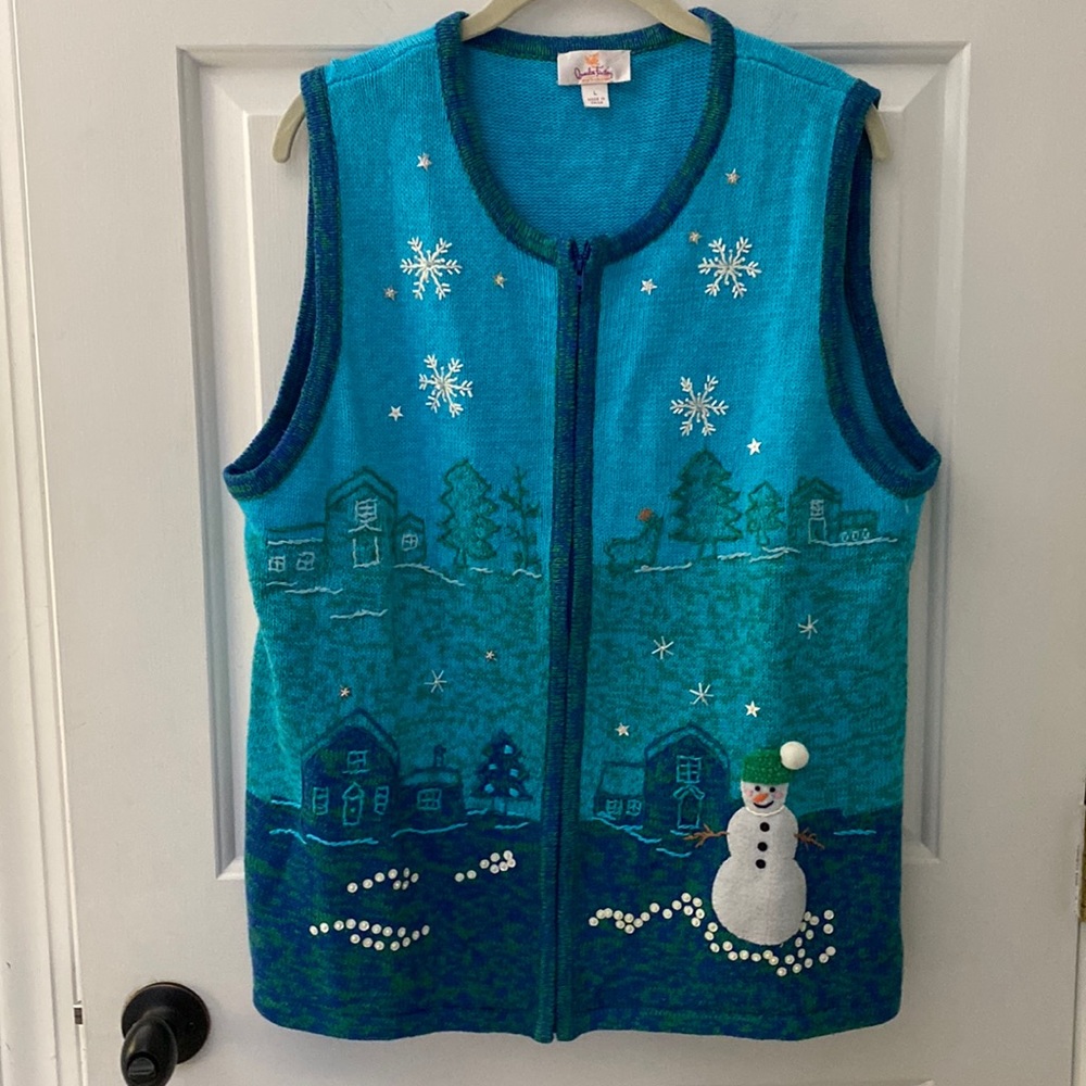 Quacker Factory Blue Holiday Christmas Snowman Zip Vest size Large L Grannycore